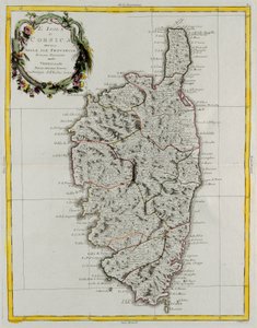 Provinsseihinsa jaettu Korsikan saari, G. Zulianin kaiverrus Tome II:sta Venetsiassa vuonna 1782 julkaistusta Antonio Zattan yksityiskokoelmasta "Uusimman atlas" tekijältä G. Zuliani