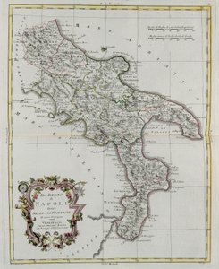 Napolin kuningaskunta jaettu provinsseihinsa, G. Zulianin kaiverrus Tome II:sta Venetsiassa vuonna 1781 julkaistusta Antonio Zattan "Uusimasta atlasesta", yksityiskokoelma tekijältä G. Zuliani