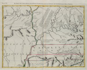 Cherokien maa Pohjois-Carolinan ja Virginian länsiosien kanssa, G. Zulianin kaiverrus Tome I:stä Venetsiassa vuonna 1778 julkaistusta Antonio Zattan "uusimmasta atlasuksesta", yksityinen kokoelma tekijältä G. Zuliani