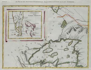 Ottawan ja Kilistiinien intiaanien maa Superior-järven ympärillä ja Itä-Floridan lisäys, G. Zulianin kaiverrus Tome I:stä Venetsiassa vuonna 1778 julkaistusta "Uusimasta atlasesta", Antonio Zatta, yksityinen kokoelma tekijältä G. Zuliani