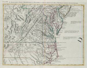 Maryland, Etelä-New Jersey, Delaware ja Virginian ja Pohjois-Carolinan itäosa, G. Zulianin kaiverrus otettu Tome I:stä Venetsiassa vuonna 1778 julkaistusta Antonio Zattan "uusimmista atlasista", yksityinen kokoelma tekijältä G. Zuliani