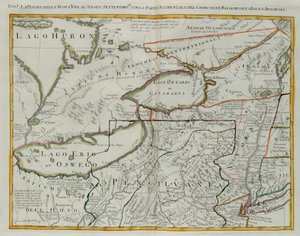 Pennsylvania, New York, Etelä-New Jersey, Connecticutin länsiosat, Massachusetts Bay ja Irokeesien maa, G. Zulianin kaiverrus Tome I:stä Venetsiassa vuonna 1778 julkaistusta "Uusimasta atlasesta", Antonio Zatta, yksityinen kokoelma tekijältä G. Zuliani