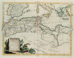 Barbary Coast eli Marokon, Fezin, Algerian, Tunisian ja Tripolin kuningaskunnat naapurimaiden kanssa, G. Zulianin kaiverrus Tome IV:stä Venetsiassa vuonna 1784 julkaistusta Antonio Zattan "Uusimasta atlasesta", yksityiskokoelma