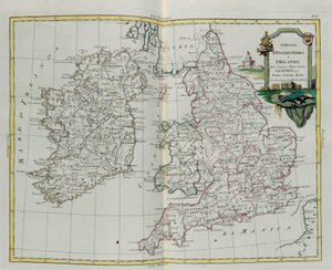 Englannin ja Irlannin kuningaskunnat, G. Zulianin kaiverrus otettu Antonio Zattan Venetsiassa vuonna 1776 julkaiseman uusimman atlasin Tome I:stä, yksityinen kokoelma tekijältä G. Zuliani
