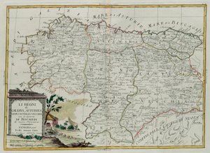 Galician, Asturien, Leonin, Castilla Viejan kuningaskunnat Biscallian neuvoston kanssa, G. Zulianin kaiverrus otettu Venetsiassa vuonna 1776 julkaistun uusimman atlasin Tome I:stä, jonka on kirjoittanut Antonio Zatta, Priva tekijältä G. Zuliani