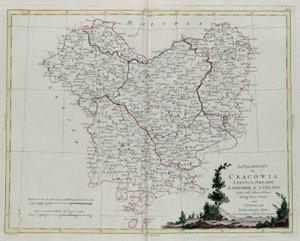 Krakovan Pfalz, Lekzyca, Sieradzin, Sandomirin ja Lublinin kaiverrus G. Zulianin kaiverruksesta Tome III:sta Venetsiassa vuonna 1781 julkaistusta Antonio Zattan "uusimmista atlasista", yksityiskokoelma tekijältä G. Zuliani