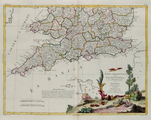Englannin eteläosa ja Walesin prinsipiaat, G. Zulianin kaiverrus otettu Antonio Zattan Venetsiassa vuonna 1778 julkaiseman uusimman atlasin Tome I:stä, yksityinen kokoelma tekijältä G. Zuliani