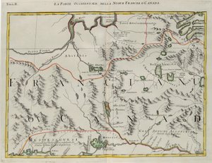 Uuden Ranskan tai Kanadan länsiosa, G. Zulianin kaiverrus otettu Antonio Zattan Venetsiassa vuonna 1778 julkaiseman "Uusimman atlasin" Tome I:stä, yksityiskokoelma tekijältä G. Zuliani
