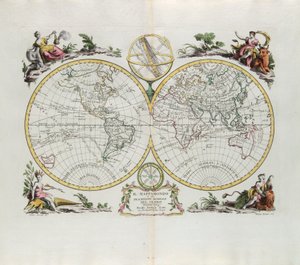 Maailmankartta ja yleinen kuvaus maapallosta, G. Zulianin kaiverrus otettu Antonio Zattan Venetsiassa vuonna 1774 julkaistun uusimman atlasin Tome I:stä