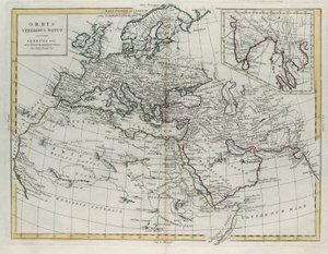 Muinaisten tuntema maailma, G. Zulianin kaiverrus, joka on otettu Antonio Zattan vuonna 1785 Venetsiassa julkaiseman uusimman atlasin Tome IV:stä, yksityinen kokoelma tekijältä G. Zuliani