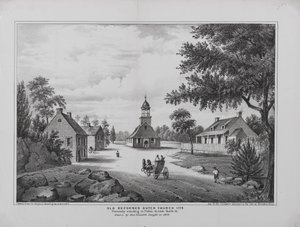 Vanha reformoitu hollantilainen kirkko vuonna 1776, piirtänyt neiti Elizabeth Sleight vuonna 1808, painettu H. McCloskeys Manuelille Brooklynin kaupungista, 1864 tekijältä G. after Hayward