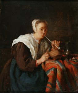 Nainen istuu ja polttaa piippua (öljy paneelissa) tekijältä Gabriel (after) Metsu