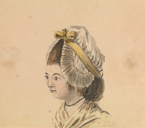 Naisen pää, jolla on röyhelöinen lippalakki, noin 1774 (akvarelli).