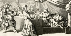 Jeesus kutsuttiin päivälliselle fariseuksen kanssa, esimerkki Pyhän Luukkaan evankeliumista, luku 11:37, 1728 tekijältä Gabriel Francois Louis Debrie