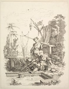 Kiinalainen mies ja nainen kalastamassa kalalammen rannalla, 1700-luku.