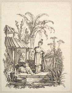 Istuva kiinalainen mies ja nainen kantamassa kalaa, n. 1742. tekijältä Gabriel Huquier