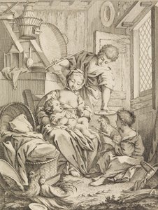 Levy 1: Nuori nainen ruokkimassa lastaan, Premier Livre de Subjects et Pastorales Fi..., 1720-72. tekijältä Gabriel Huquier