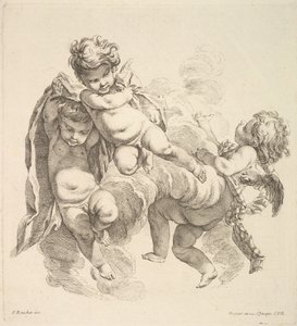 Kolme lasta pilvien seassa kantamassa verhoa, 1738-45. tekijältä Gabriel Huquier