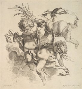 Kolme lasta pilvien seassa lähellä palmunlehteä, 1738-45. tekijältä Gabriel Huquier
