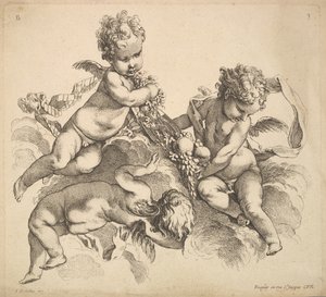 Kolme lasta hedelmälautasella, 1738-45. tekijältä Gabriel Huquier