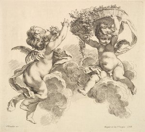 Kaksi lasta, yksi kädessään kukkakori, 1738-45.