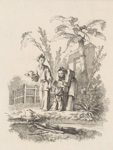 Kaksi naista johdattelemassa lasta kohti teekannua pöydällä lähellä lampia, n. 1742. tekijältä Gabriel Huquier