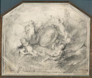 Kuningas Ludvig XV:n muotokuvamedaljonki, jota ympäröi mainetta ja historiaa kantava Putti tekijältä Gabriel Jacques de Saint Aubin