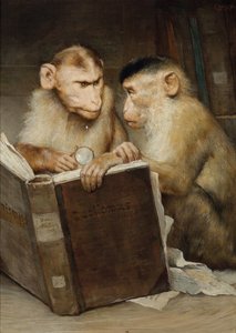 ""Les savants"" (Oppineet) Kaksi apinaa pitelemässä avointa kirjaa - Gabriel Cornelius Ritter von Maxin (1840-1915) maalaus Yksityinen kokoelma