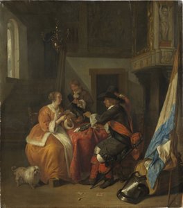 Korttipeli - A Card Game, kirjoittanut Metsu, Gabriel (1629-1667). öljy puulle tekijältä Gabriel Metsu