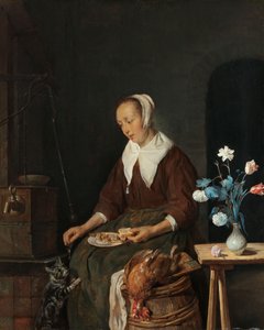 Nainen syömässä, tunnettu nimellä "Kissan aamiainen", noin 1661-64 (öljy paneelille). tekijältä Gabriel Metsu