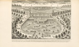 Marlyn puutarhan ääripää, Charles-Antoine Jombertin teoksesta Les Delices de Versailles et des Maisons Royales, 1766 tekijältä Gabriel Perelle