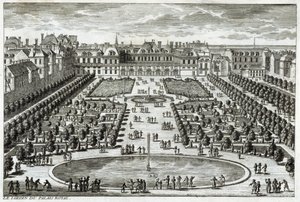 Näkymä Parc du Palais Royalille Pariisissa. Kaiverrus Perelle, 1600-luvun loppu. tekijältä Gabriel Perelle