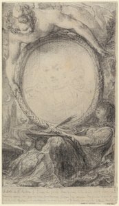 Allegorinen kehys, jossa nero ja hunnutettu nainen kirjoittavat, noin 1769 (mustaliitu paperille).