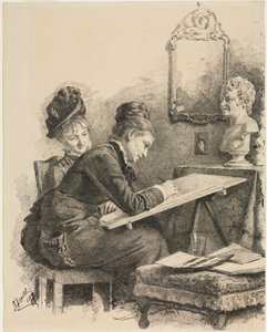 Kaksi naista luonnostelemassa veistosta, 1878. tekijältä Gabriel von Hackl