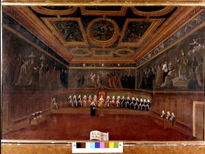 Kymmenen neuvosto Dogen palatsissa 1700-luvulla - Sala Del Consilgio di Dieci 1725 - Kymmenen neuvoston huone, Dogen palatsi, Venetsia (18.) Gabriele Bella (1730 - 1799) - Doge ja neuvosto Kymmenen. Correrin museo. Venetsia