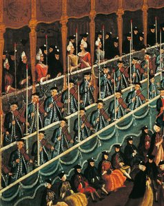 Italia, Veneto, Venetsia, Ateria San Benedetto -teatterissa pohjoisen herttuoiden kunniaksi, lähikuva tekijältä Gabriele Bella