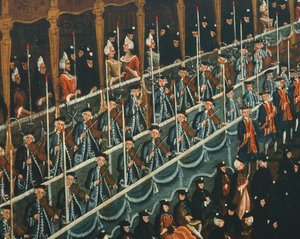 Dogen tarjoama lounas San Benito Theatressa pohjoisen Venetsian prinssien kunniaksi, kirjoittaja Gabriel Bella (1730-1799), öljy kankaalle, Yksityiskohta tekijältä Gabriele Bella
