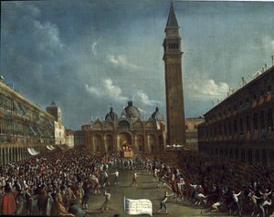 Dogen kulkue ja rahanjako kansalaisille, Pyhän Markuksen torilla - Gabriele Bellan (n. 1730-1799) maalaus. Venetsia, Querini Stampal Foundation tekijältä Gabriele Bella