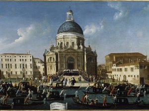 Aatelisen rouvan häät Santa Maria della Salutessa (Venetsialaisen aatelisrouvan häät Santa Maria della Salutessa) - Gabriele Bellan (n. 1730-1799) maalaus, 94x148 cm. Venetsia, Querini Stampalia Foundation tekijältä Gabriele Bella