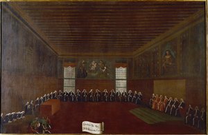 Näkymä rikoskaranteenin, korkeimman oikeuden tai neljänkymmenen neuvoston huoneesta Gabriele Bellan (1733-1799) maalaus 1700-luvun Venetsia, Fondazione "" Querini Stampalia"" tekijältä Gabriele Bella