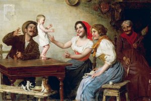 Ensimmäiset askeleet, Gaetano Bellei (1857-1922), öljy kankaalle, 55x82,5 cm