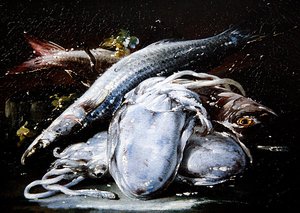 Kalmarit, harmaakampelat ja punakampelat lepäävät kivirannalla (öljy kankaalle) tekijältä Gaetano Cusati