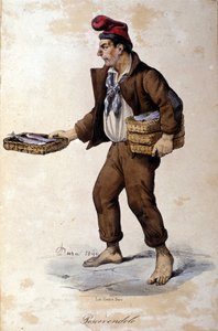 Napolin pienet työpaikat: kalan myyjä (kalakauppias). F. Duran litografia