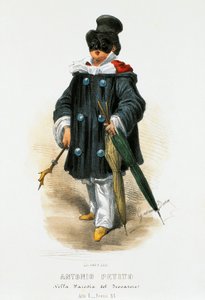 Näyttelijä Antonio Petito (1822-1876) näyttämöasussa parodiassa Trubaduuri, litografia Gaetano Dura (1805-1874)