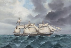 Clipper-alus "Blackadder" merellä, keula- ja päämasto rikki.