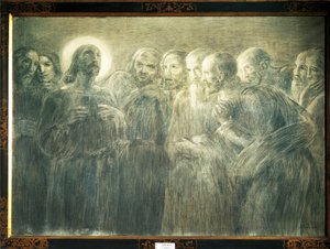 Kristus apostolien joukossa, Gaetano Previati (1852-1920), puuhiili kankaalle tekijältä Gaetano Previati