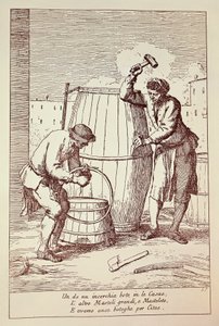 Coopers at work, Kaiverrus Gaetano Gherardo Zompini (1700-1778) teoksesta Venetsian kaupungin arkipäivän taide, Italia tekijältä Gaetano Zompini