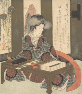 Nainen kirjoittamassa runon, n. 1820. tekijältä Gakutei