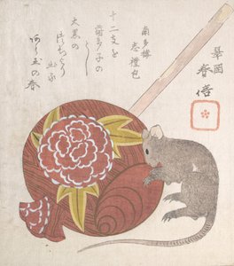 Daikokun malet, yksi onnen jumalista, ja rotta, luultavasti 1828.