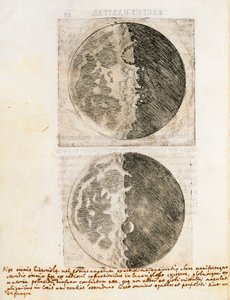 Sidereus Nuncius (Starry Messenger) piirroksilla Kuun vaiheista ja pinnasta tekijältä Galileo Galilei